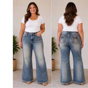 Ariya Jeans Womens 13/14 Wide Leg Medium Wash Embroidered Flap Pocket Y2K Denim